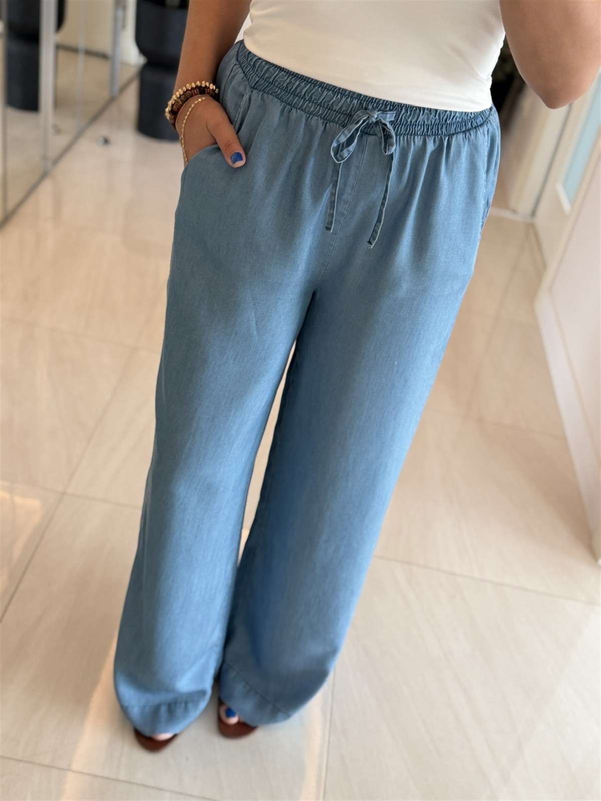 Beli Lastikli Tensel Denim Palazzo - Buz Mavisi