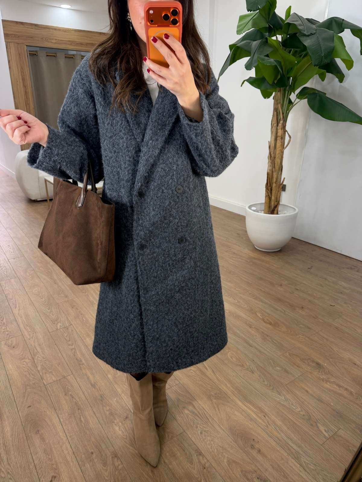 Premium Seri Kolu Düğmeli Buklet Kaban - Antrasit