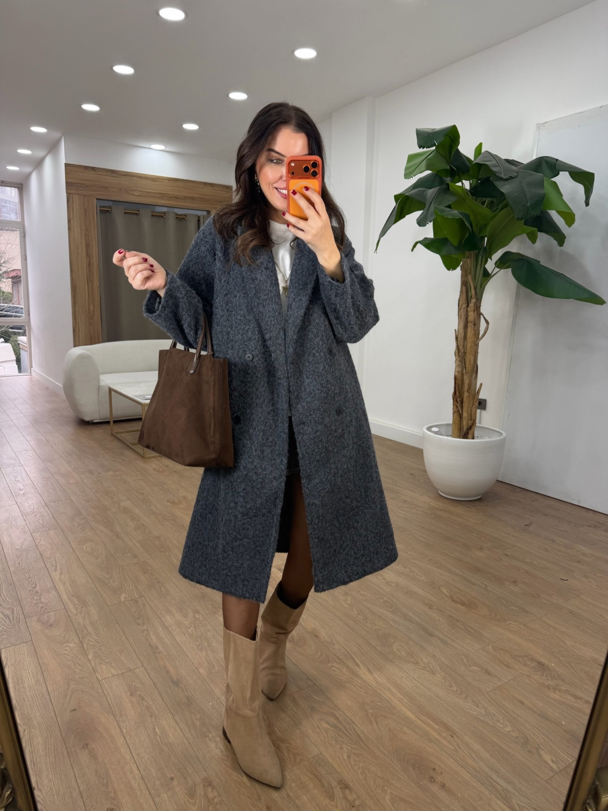 Premium Seri Kolu Düğmeli Buklet Kaban - Antrasit