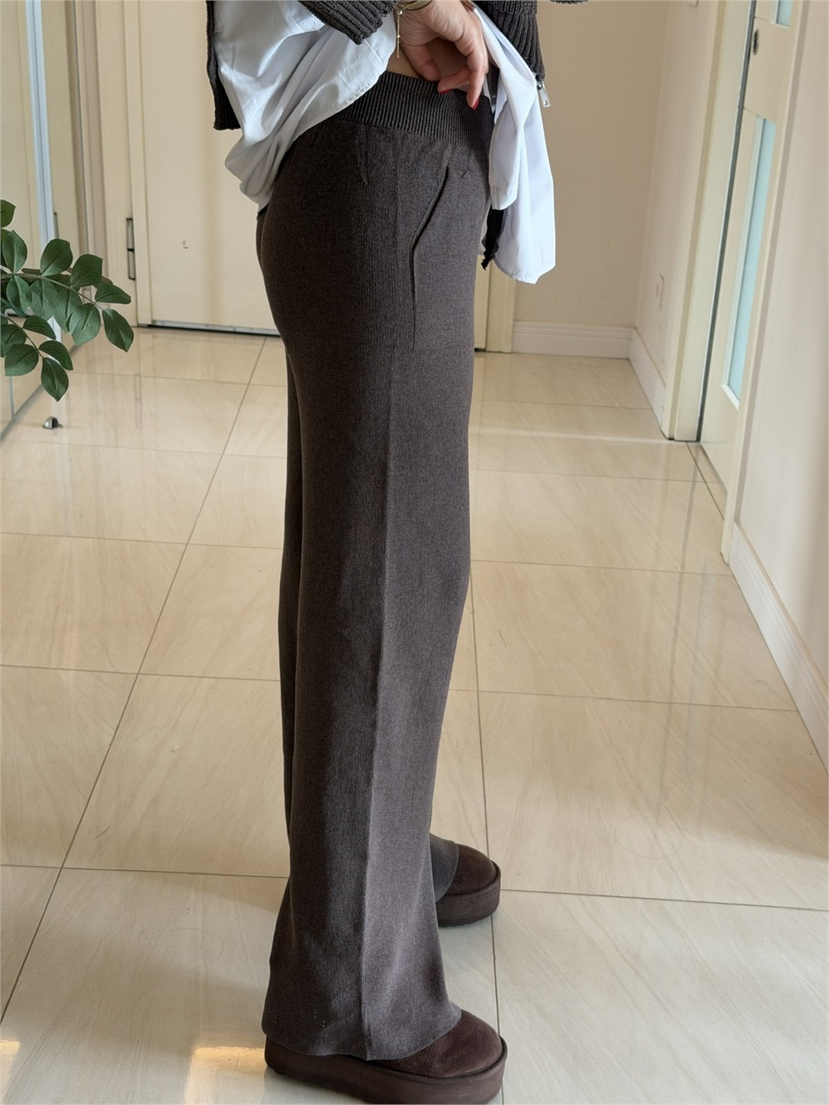 Poplin Detaylı Çift Fermuarlı Triko Takım-Vizon