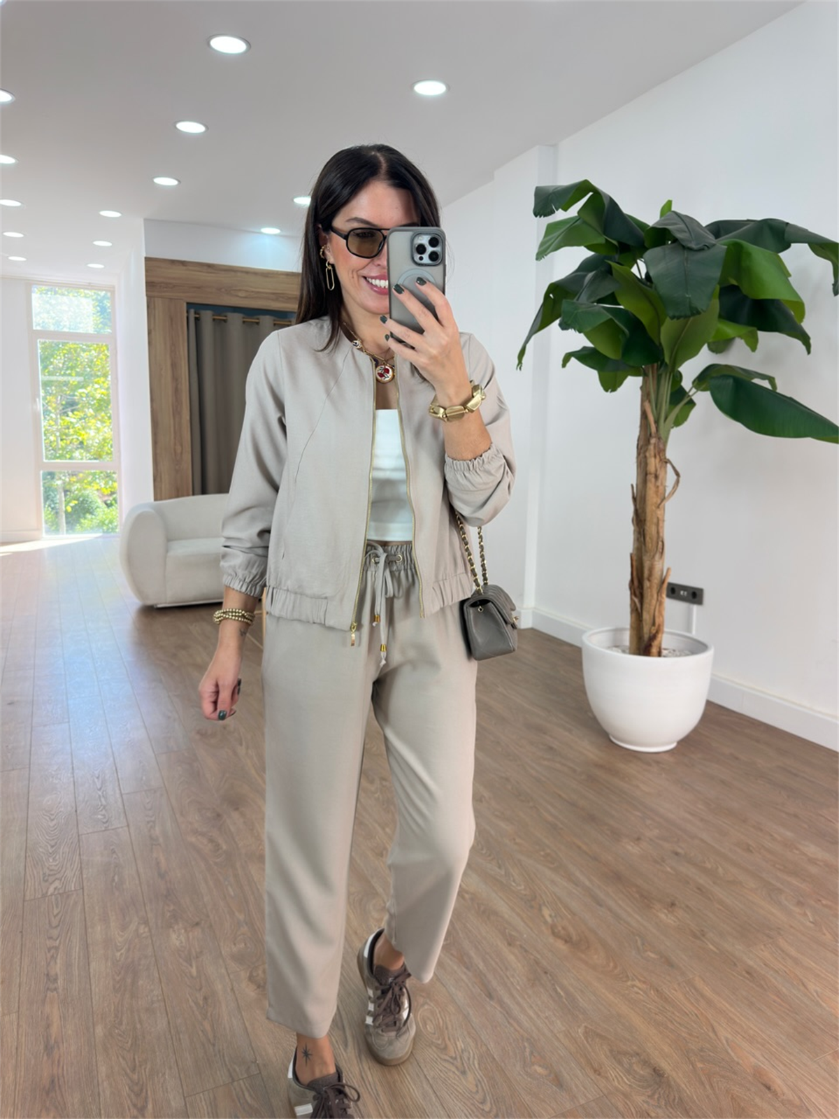 Fermuarlı Pantolon Ceket Takım - Taş