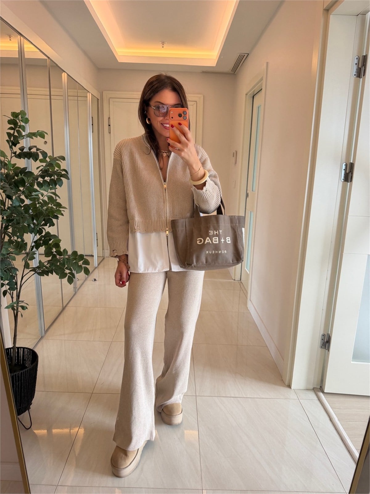 Poplin Detaylı Çift Fermuarlı Triko Takım-Bej