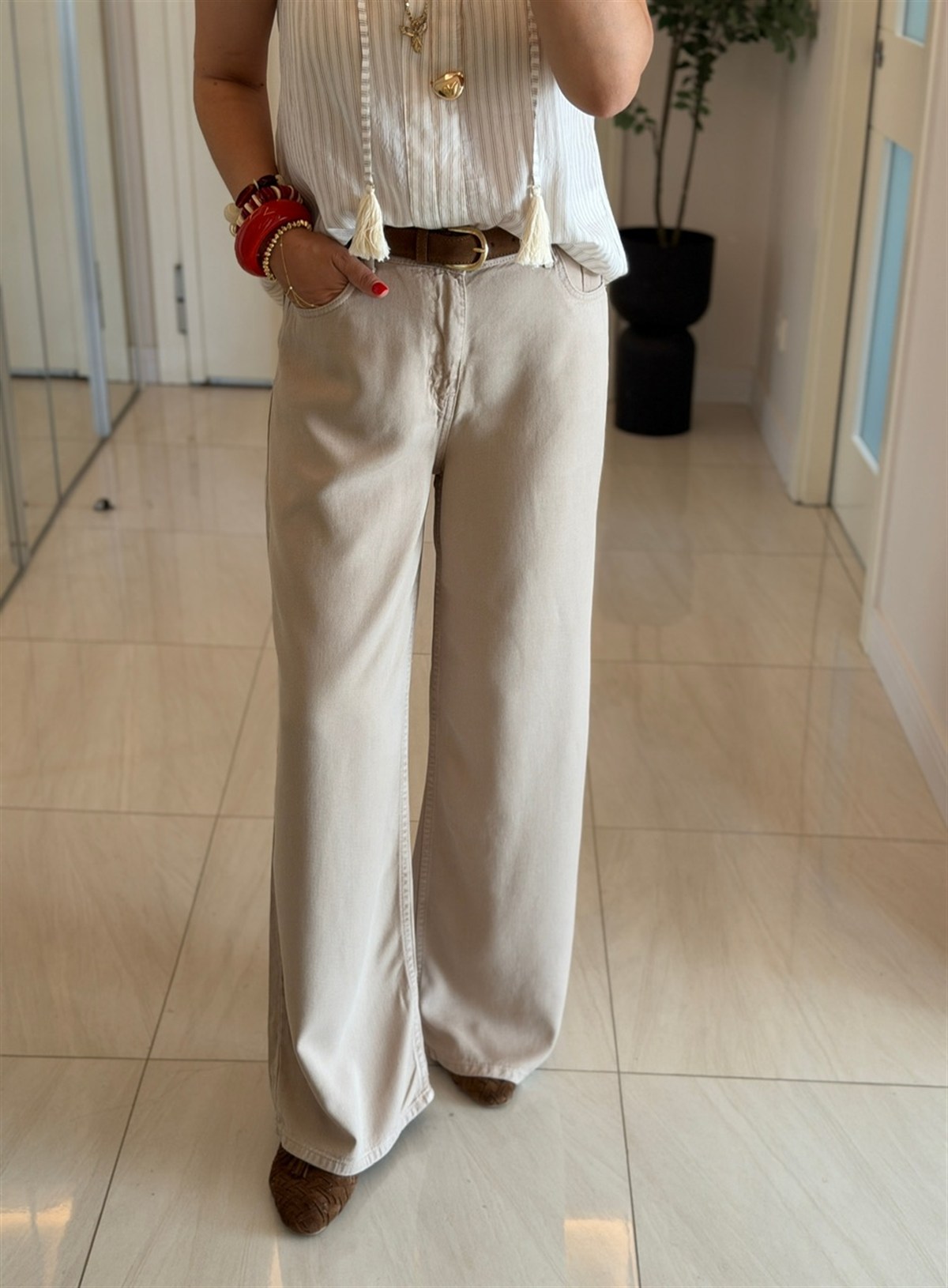 Premium Tensel Palazzo Denim Pantolon - Taş