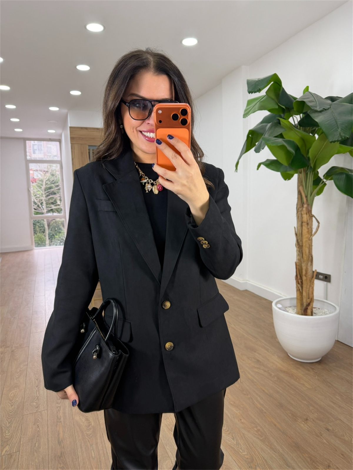 İki Düğmeli Süet Ceket - Siyah