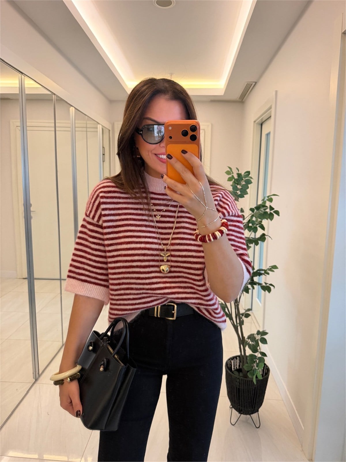 Bordo Pembe Çizgili Yumoş Triko