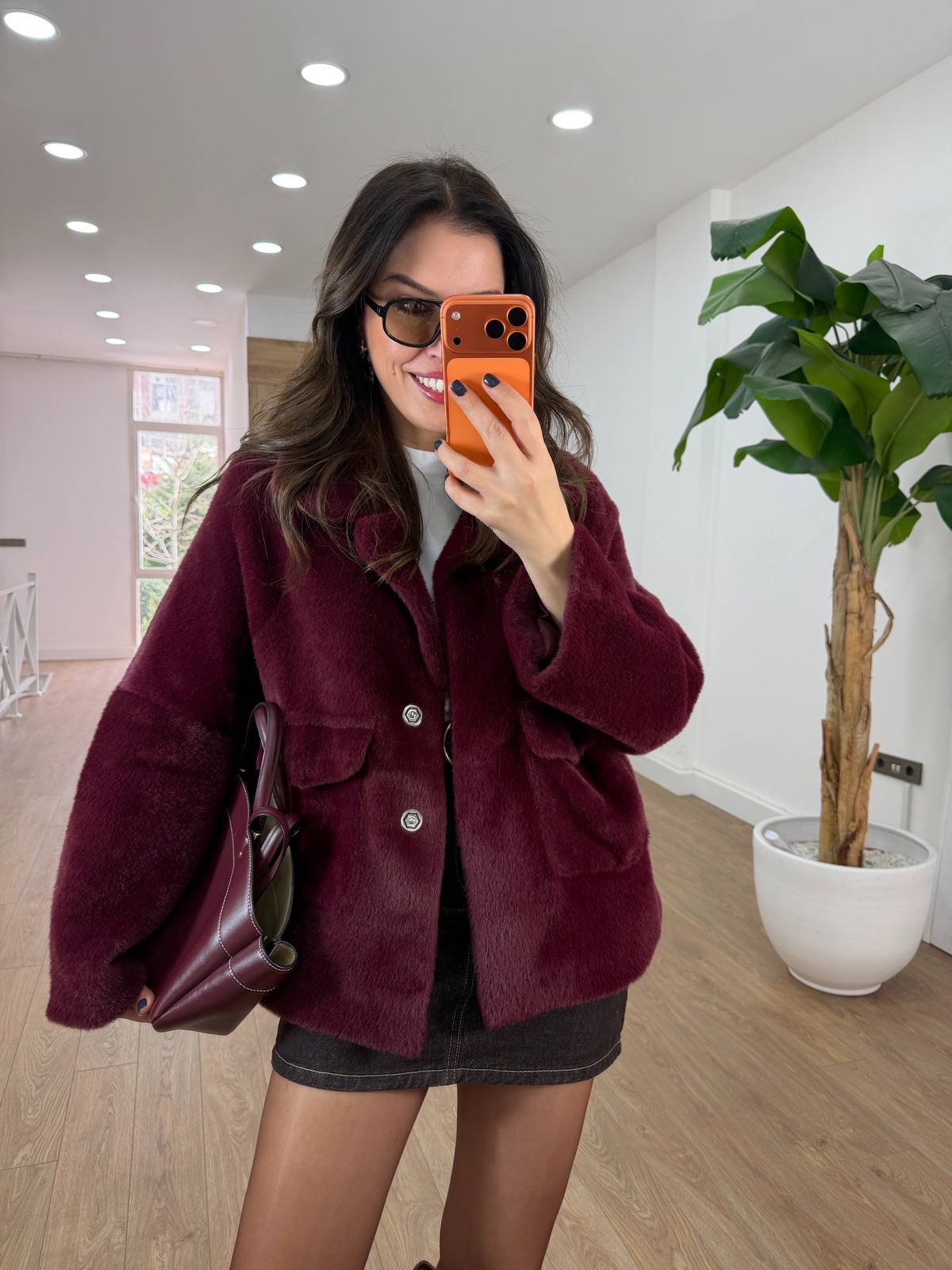 Premium Seri Cepli Oversize Kürk - Bordo