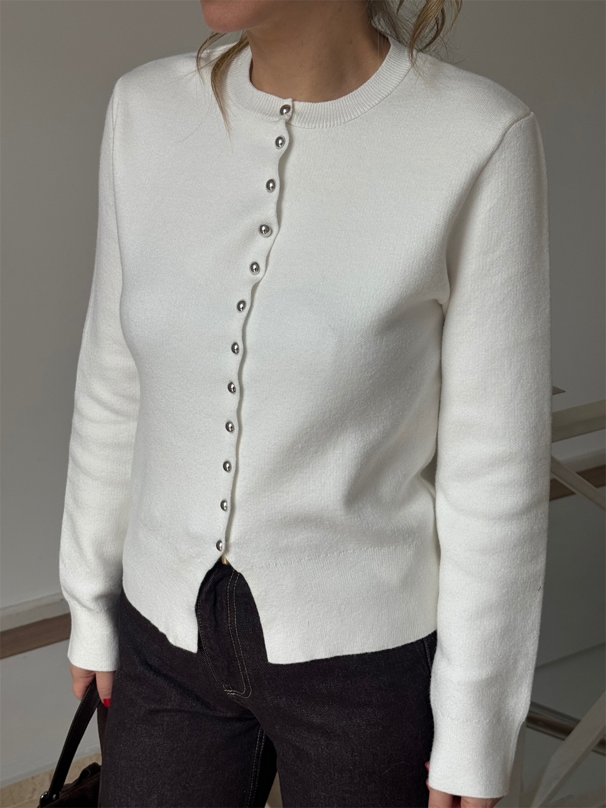 Bisiklet Yaka Düğmeli Triko Hırka - Ekru