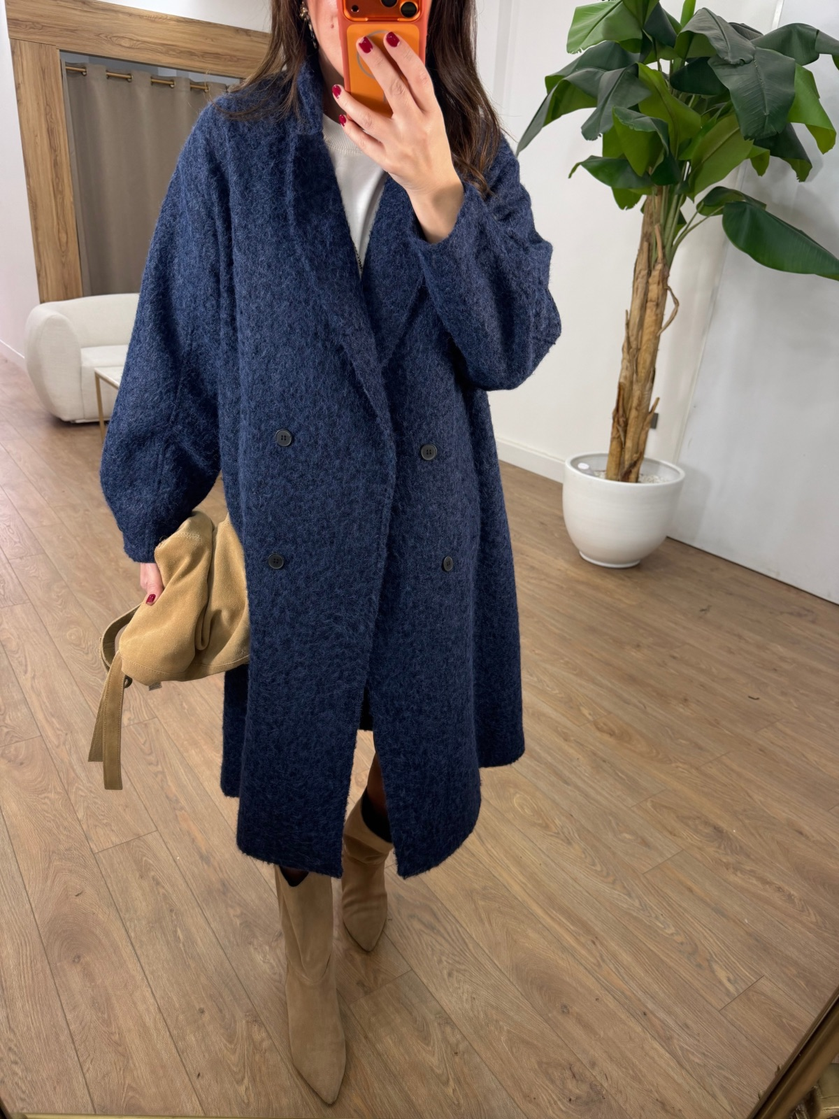 Premium Seri Kolu Düğmeli Buklet Kaban - Lacivert 