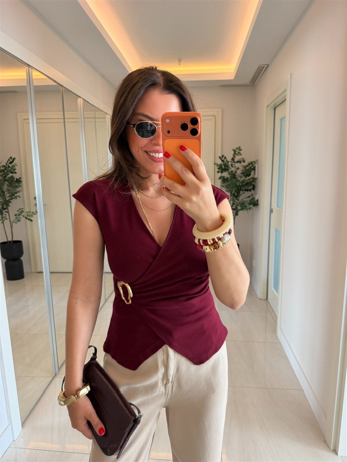 Toka Aksesuarlı Likralı Bluz - Bordo 