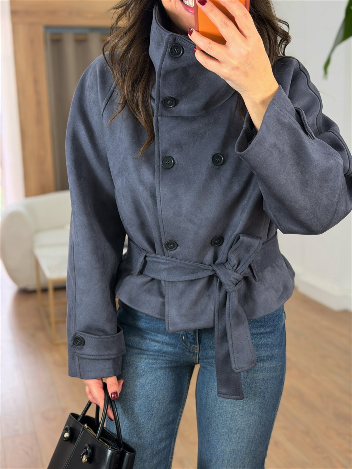 Dik Yaka Kuşaklı Süet Ceket - Füme 