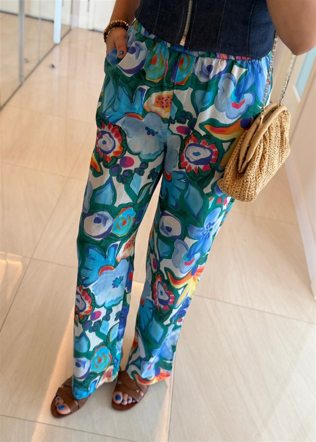 Beli Lastikli Renkli Vual Pantolon - Saks
