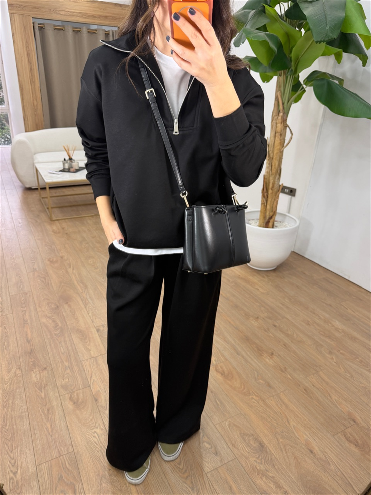 Fermuar Detaylı Sweatshirt Pantolon Modal Takım - Siyah