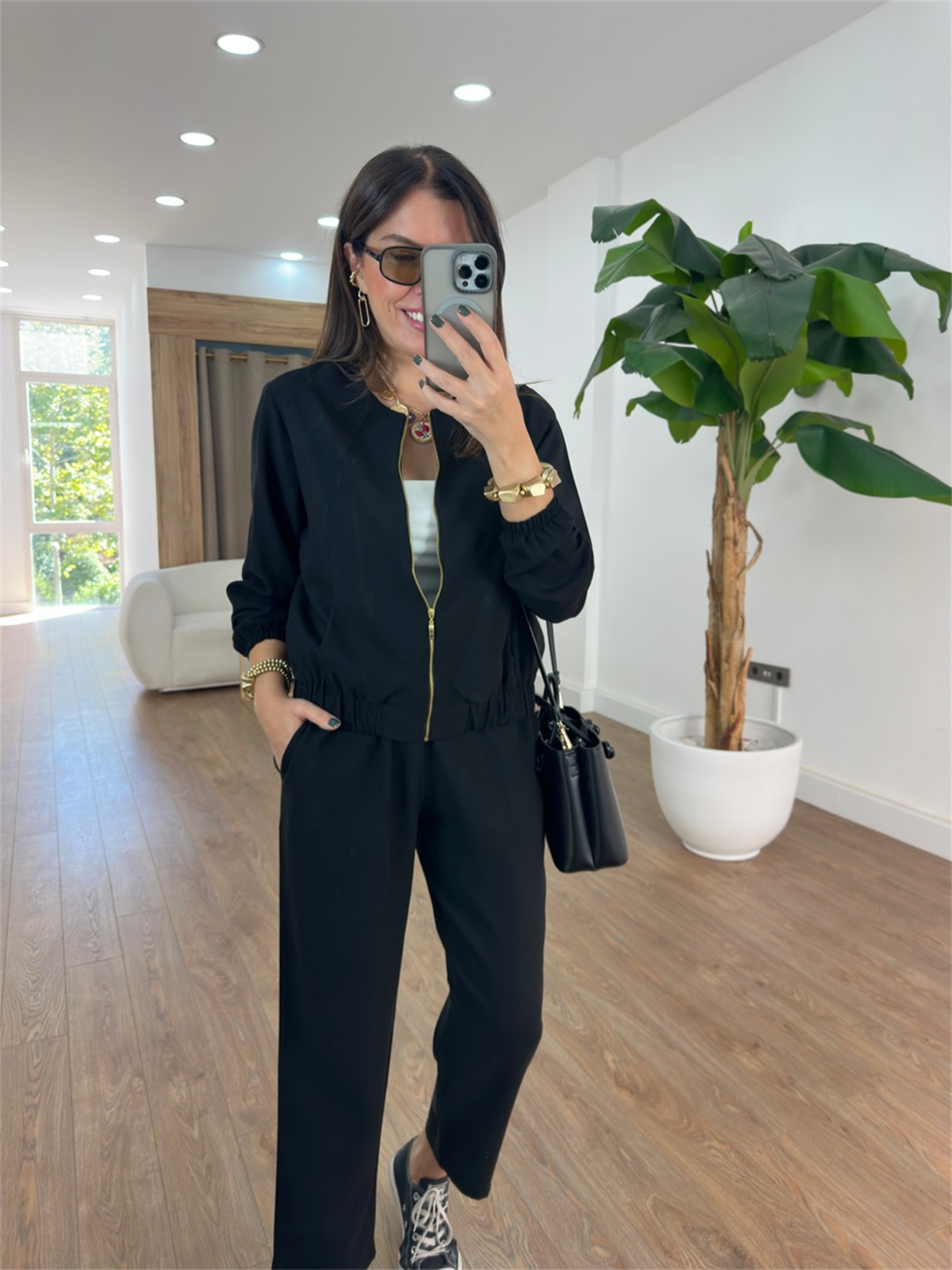 Fermuarlı Pantolon Ceket Takım - Siyah