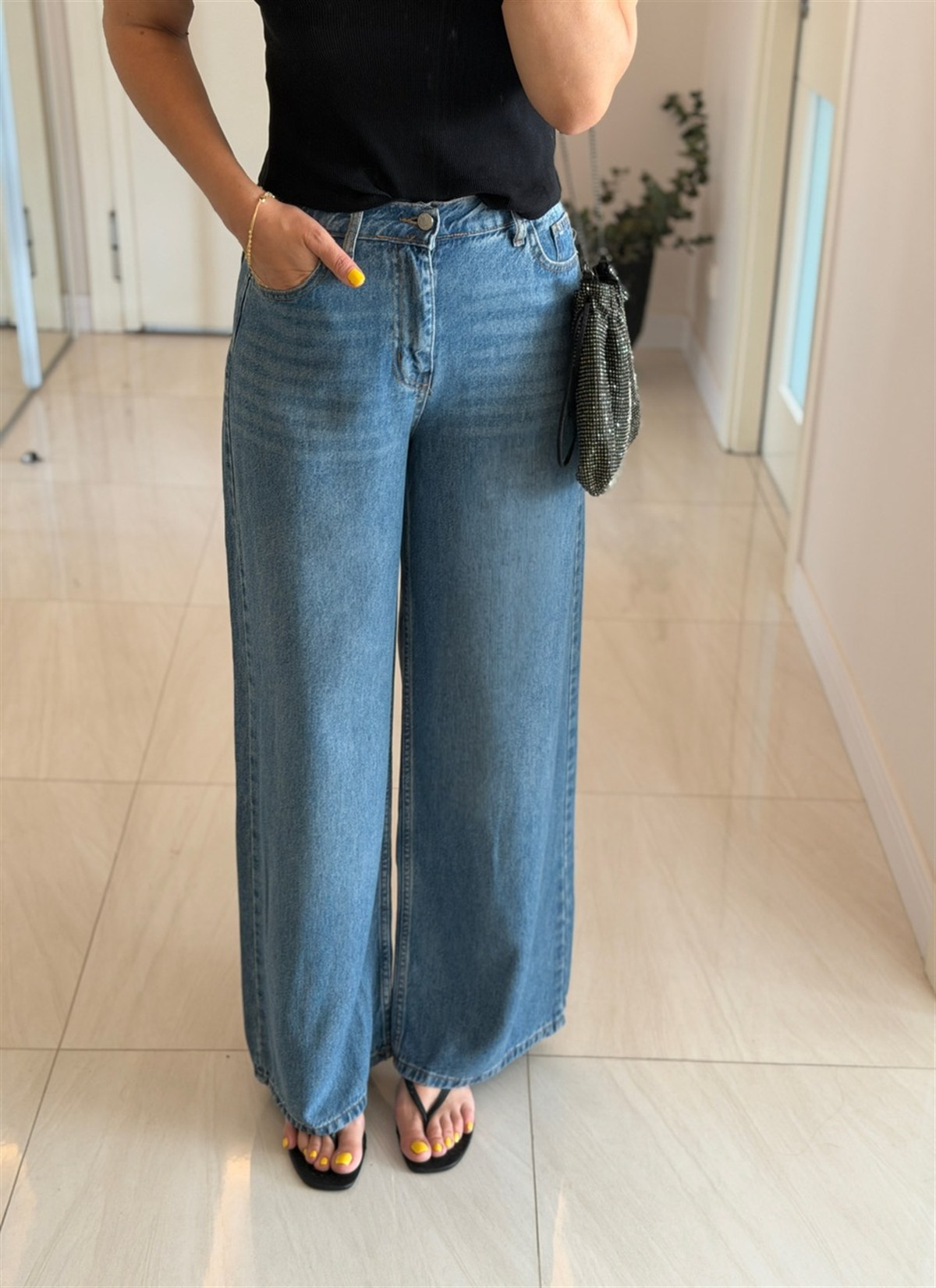 Bel Arkası Lastikli Tensel Denim Palazzo