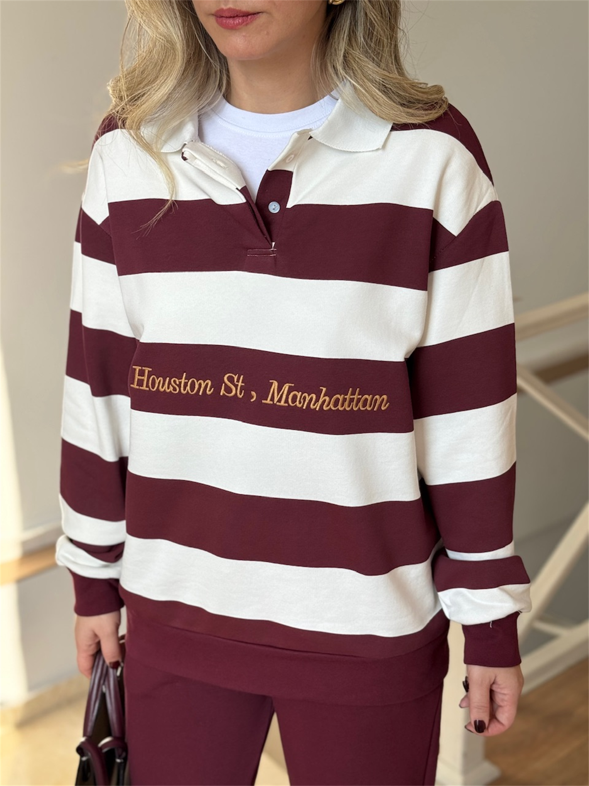 Çizgili Sweatshirt Eşofman Takım - Bordo
