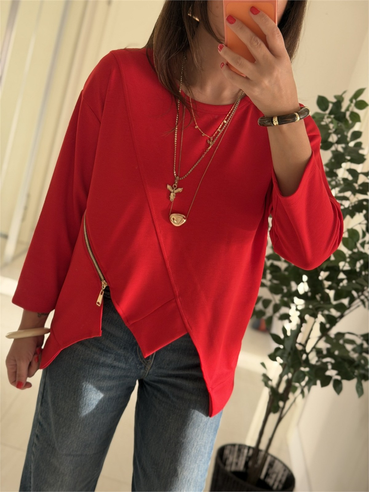 Fermuar Detaylı Modal Sweatshirt-Kırmızı