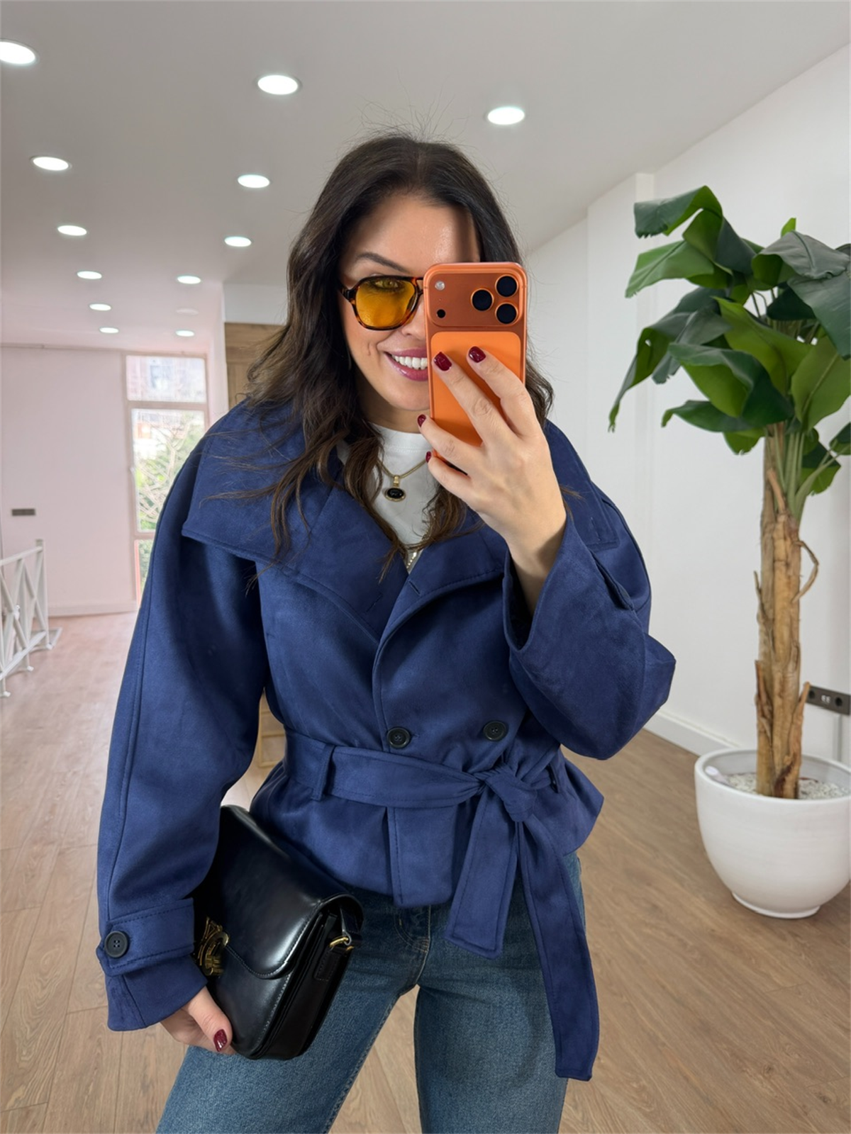 Dik Yaka Kuşaklı Süet Ceket - Lacivert 