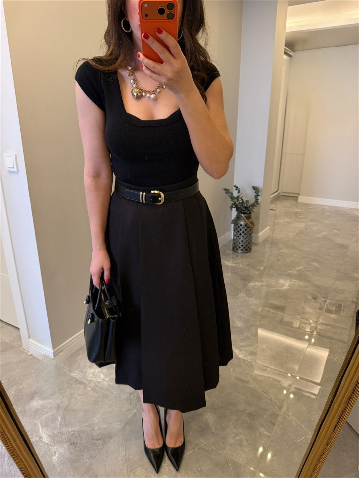 Kalın Pileli Midi Kloş Etek