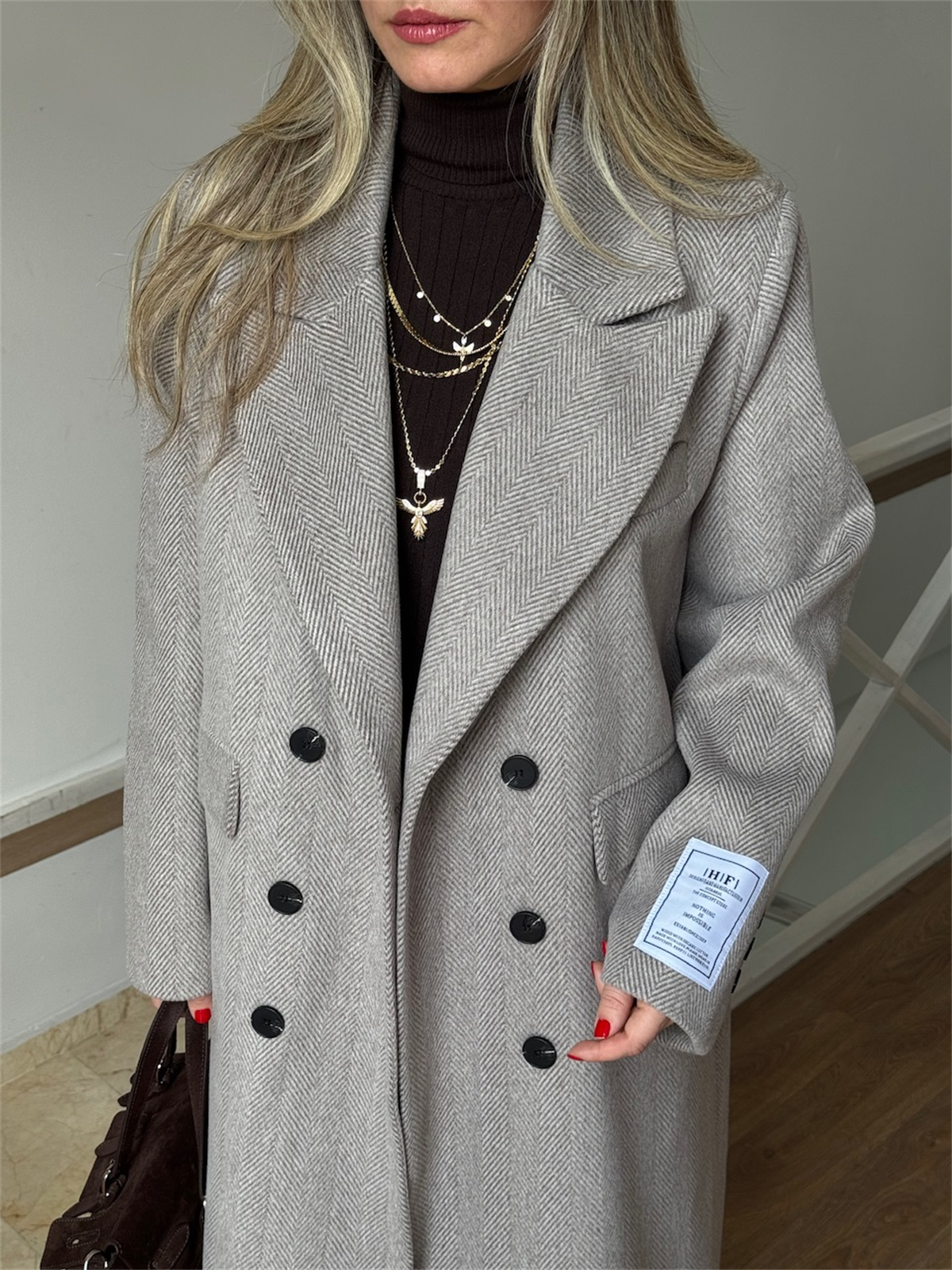 Kruvaze Yaka Balıksırtı Kaban - Sütlü Kahve