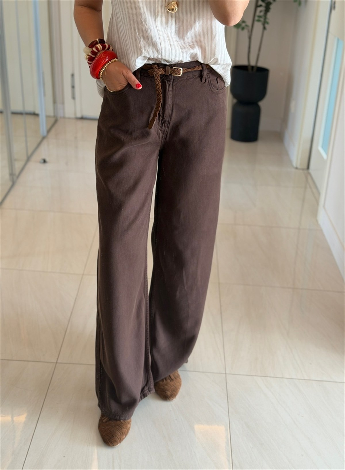 Premium Tensel Palazzo Denim Pantolon - Kahve