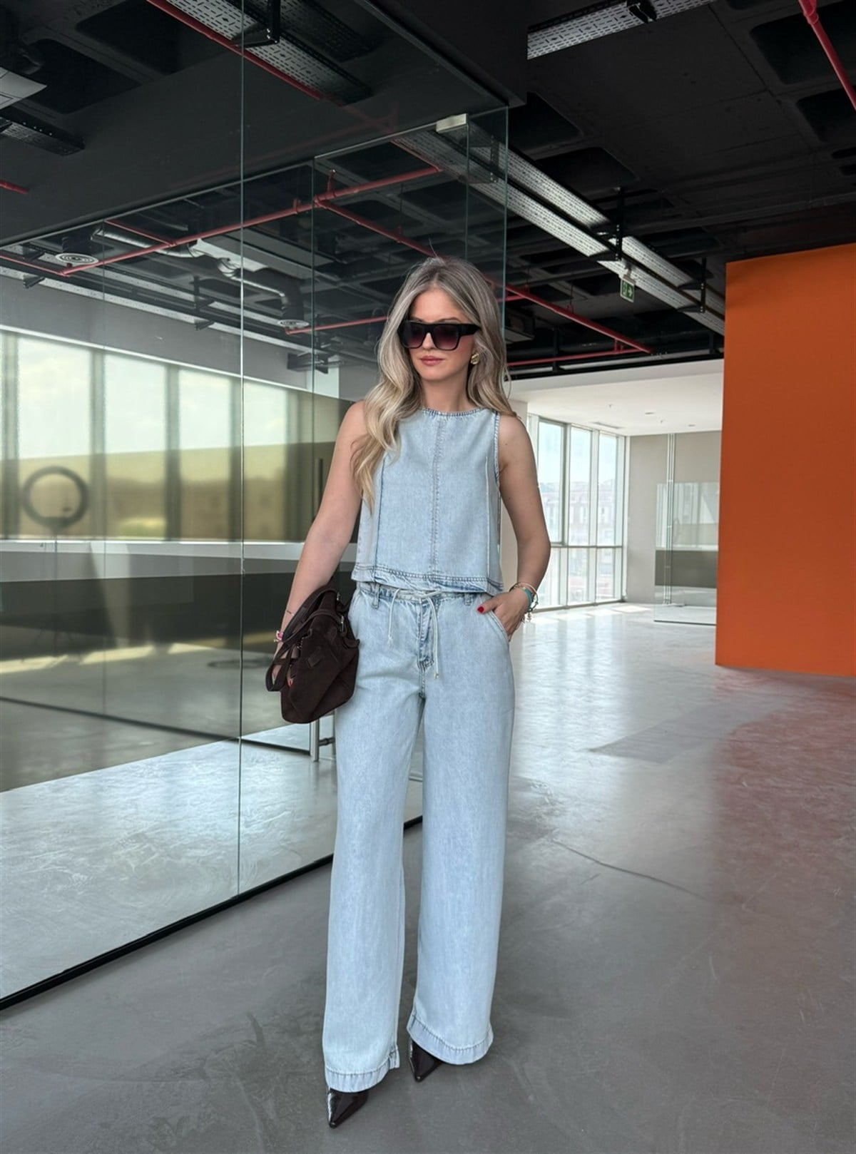 Tensel Denim Premium Bluz Pantolon Takım - Buz Mavisi