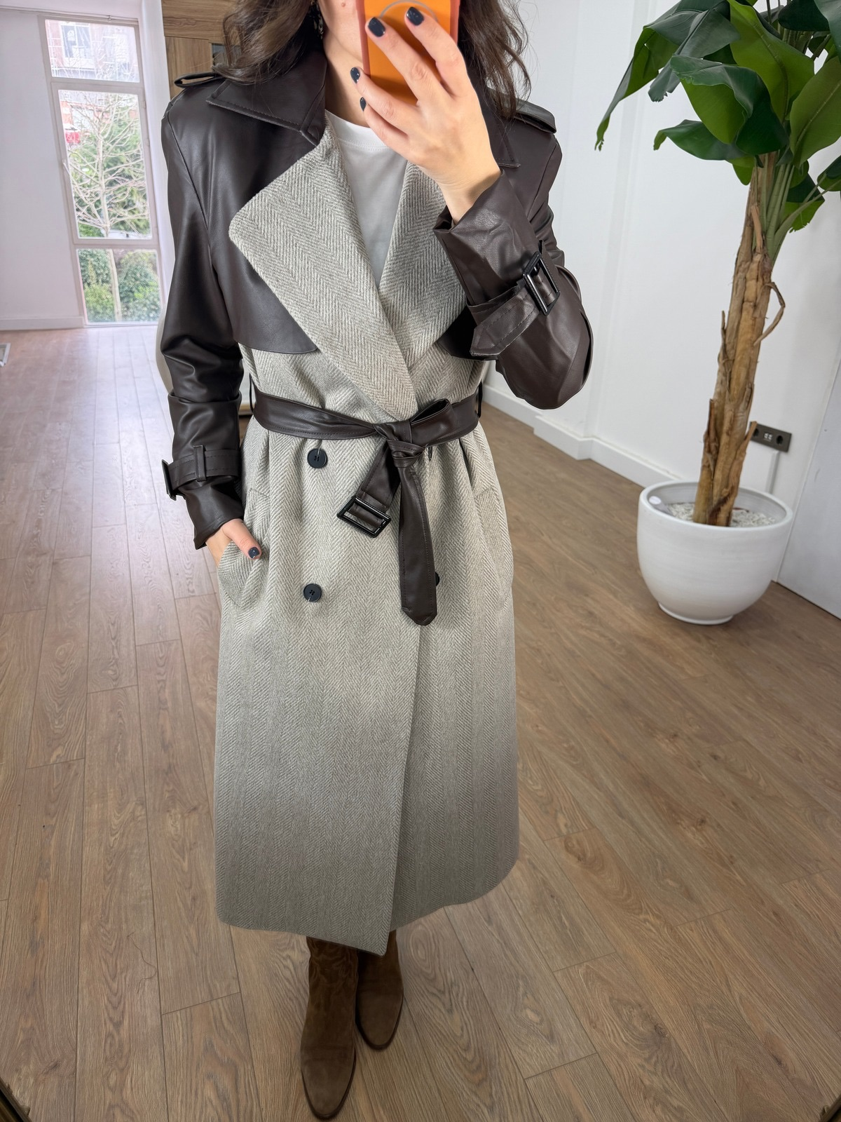 Premium Deri Detaylı Kırçıllı Kaban - Kahverengi