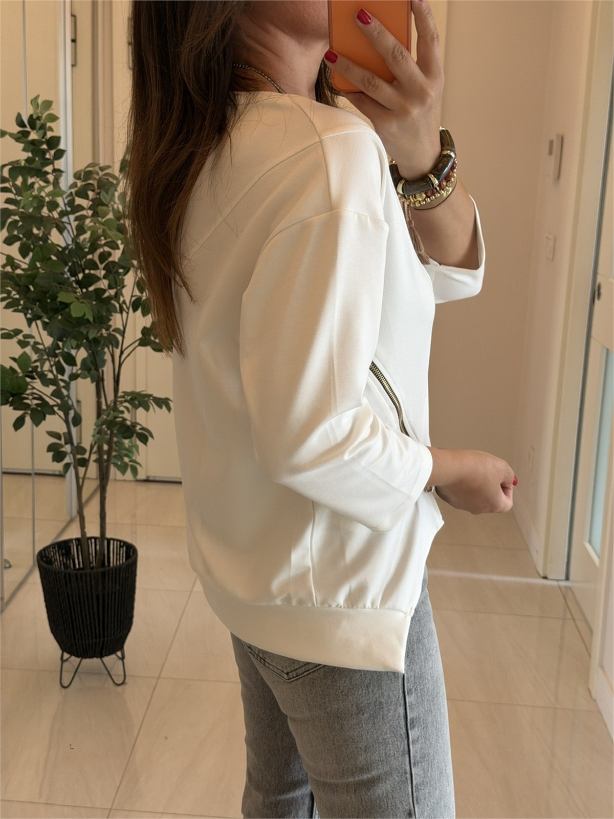 Fermuar Detaylı Modal Sweatshirt-Beyaz