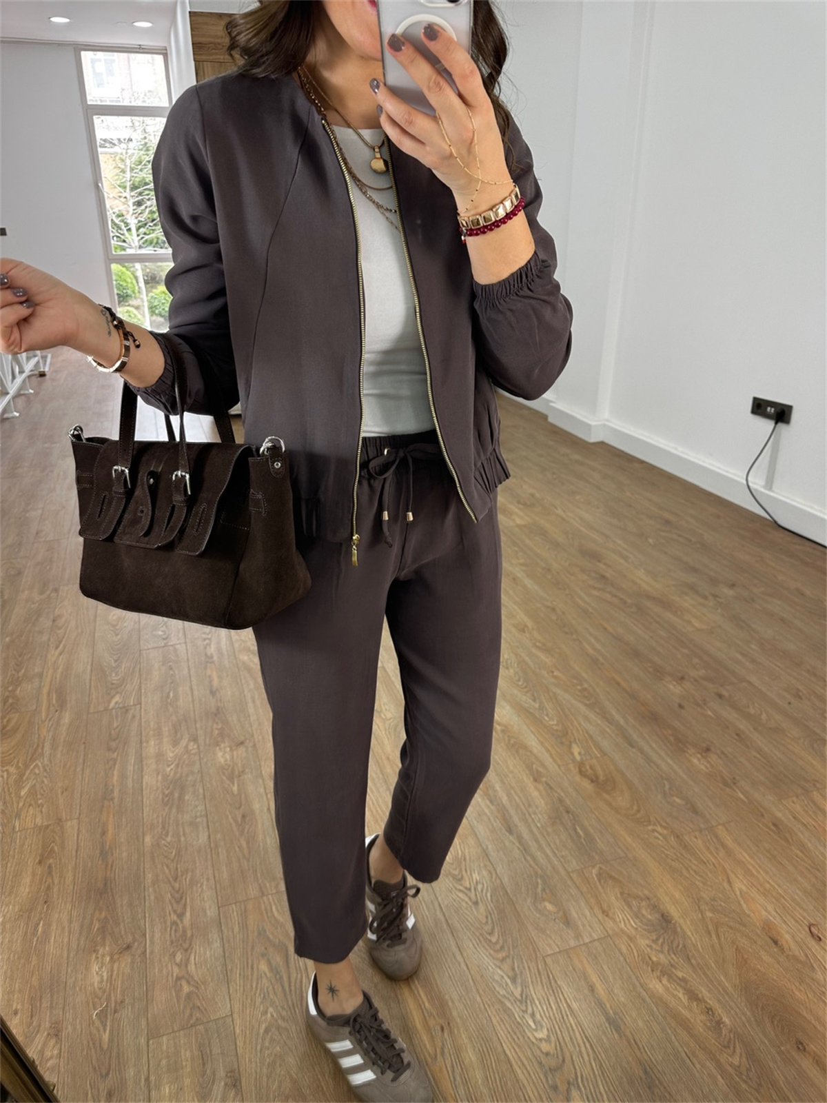 Fermuarlı Pantolon Ceket Takım - Kahverengi