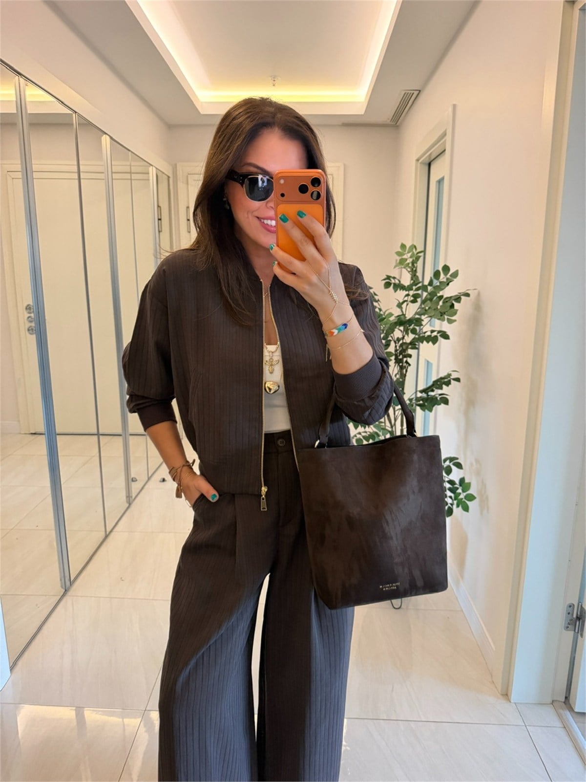 Bomber Ceketli Çizgili Premium Modal Takım - Kahve