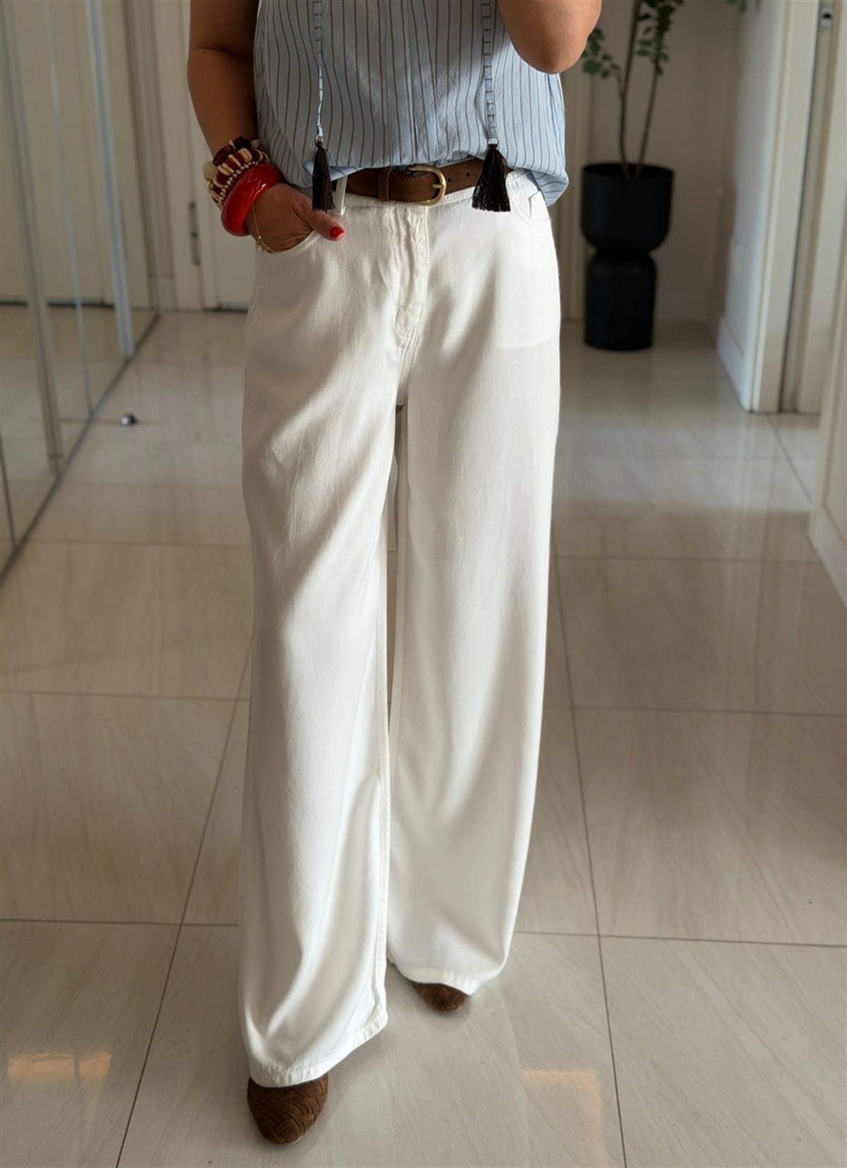Premium Tensel Palazzo Denim Pantolon - Beyaz 