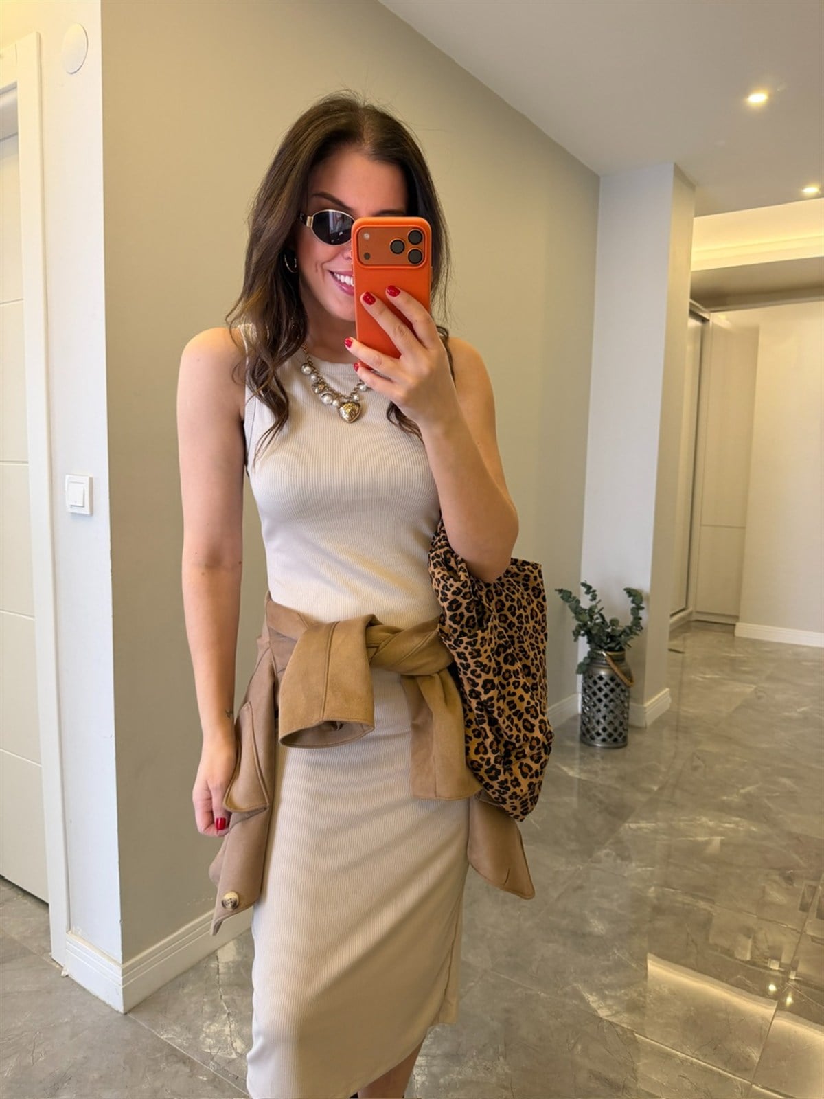 Likralı Fitilli Kolsuz Elbise - Taş