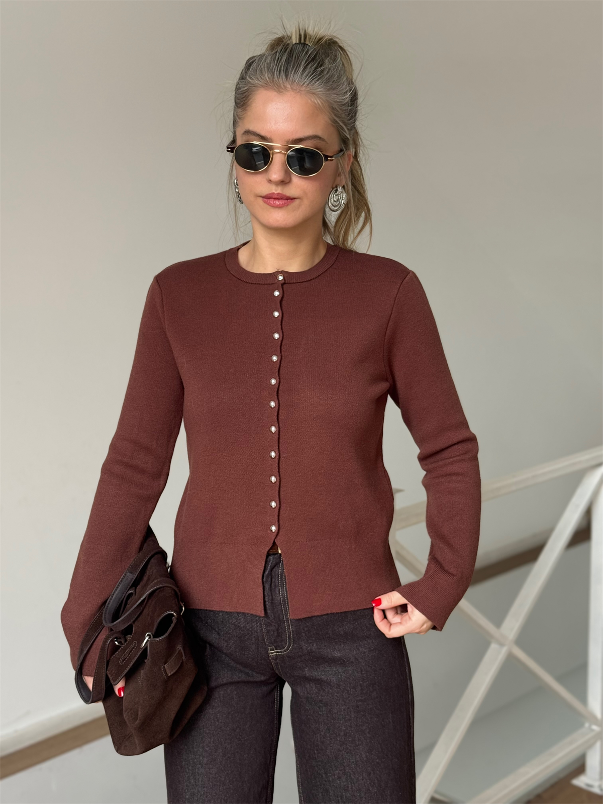 Bisiklet Yaka Düğmeli Triko Hırka - Kahverengi