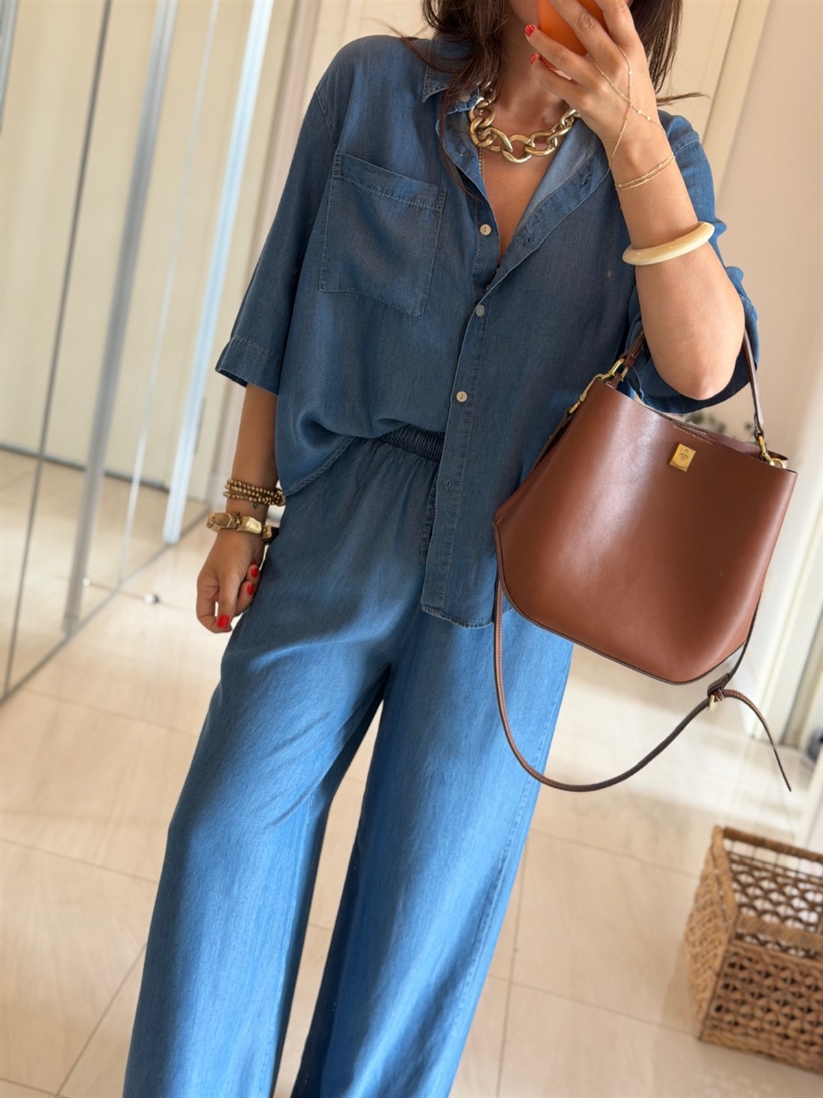 Yarım Kol Premium Tensel Denim Takım - Mavi