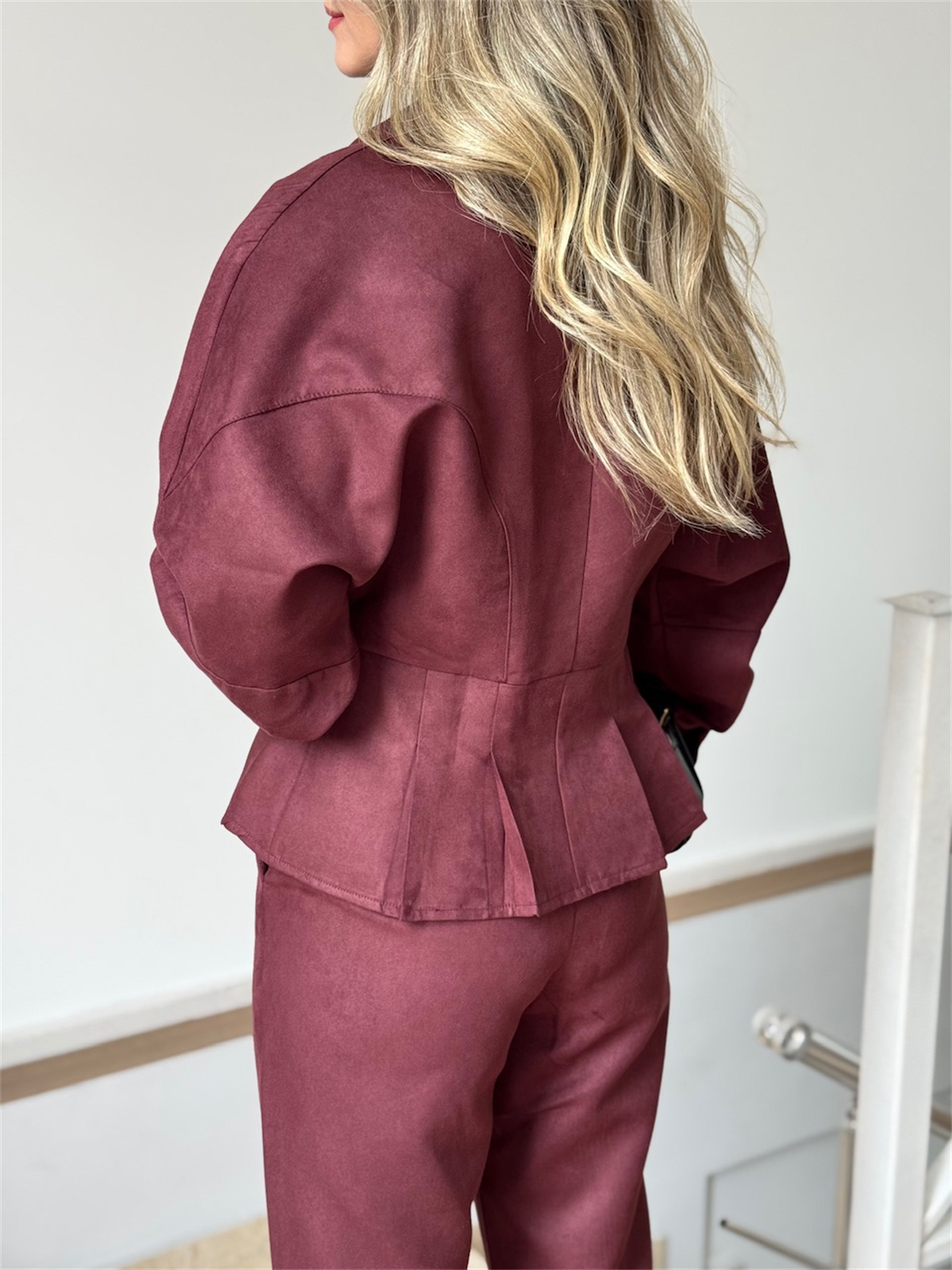 Önü Düğmeli Süet Pantolon Gömlek Takım - Bordo