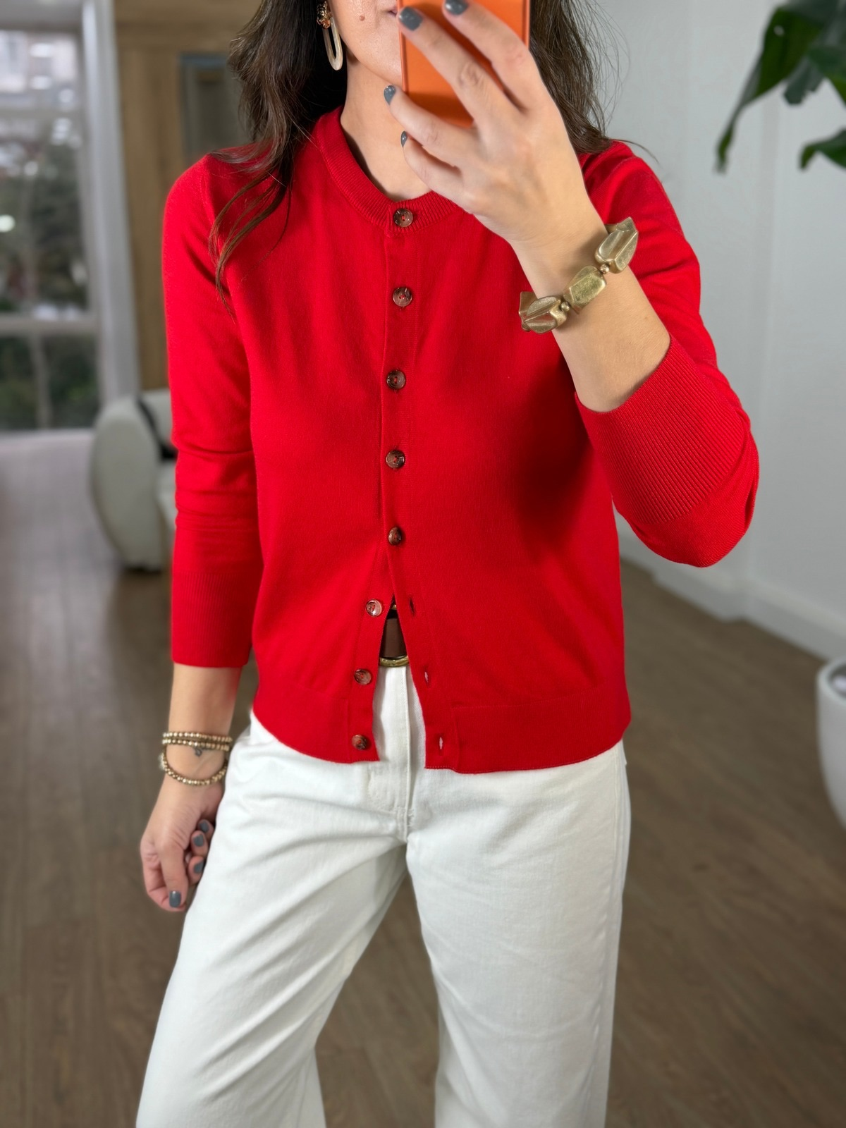 Bisiklet Yaka Düğmeli Triko Hırka - Kırmızı