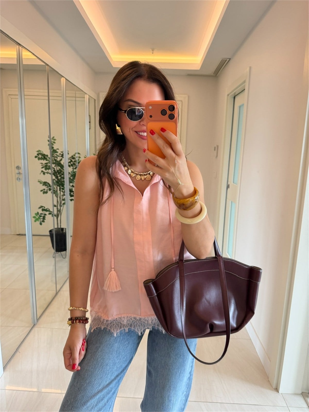 Etek Ucu Dantelli Modal Bluz-Pembe