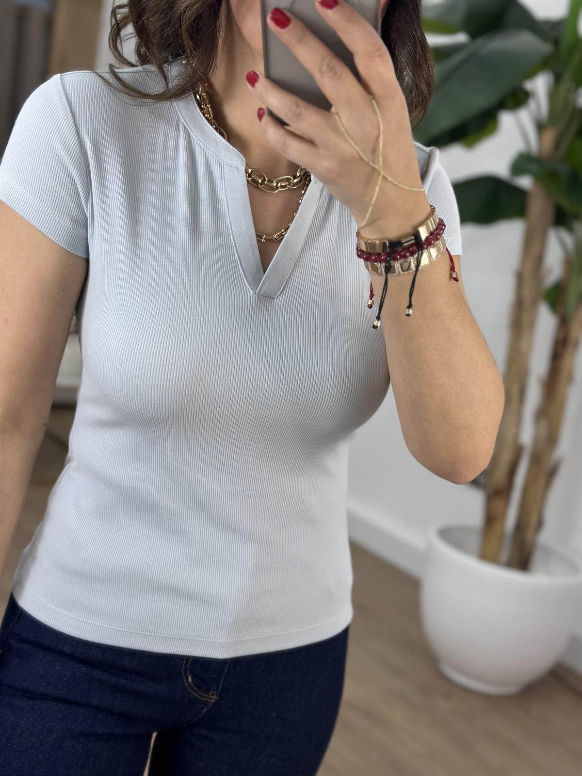 Açık Yaka Bluz - Buz Mavisi