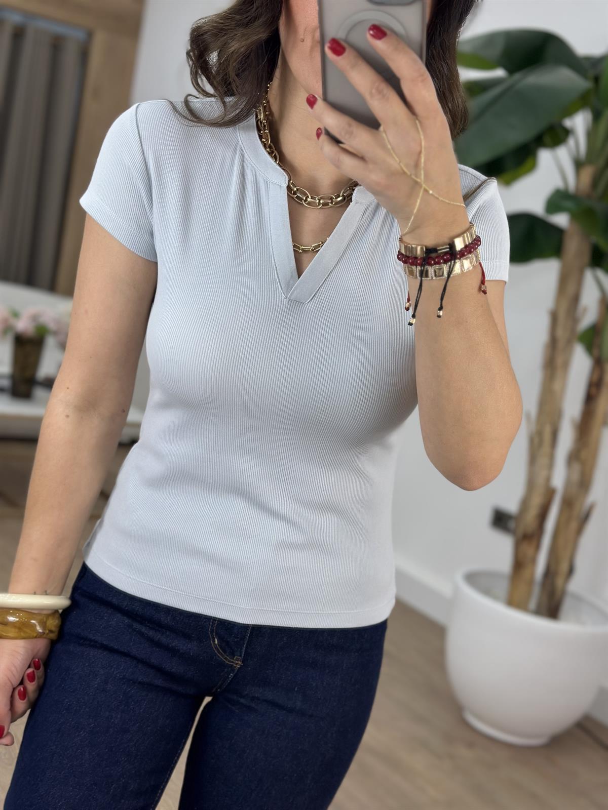 Açık Yaka Bluz - Buz Mavisi