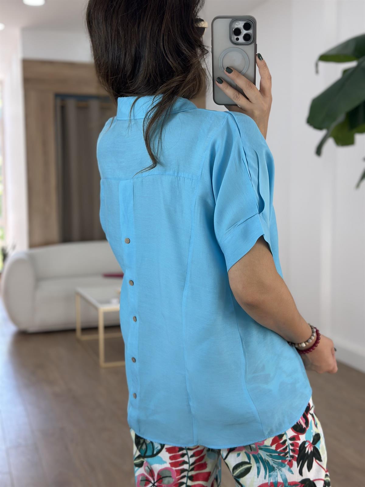 Arkası Düğme Detaylı %100 Modal Gömlek - Turkuaz
