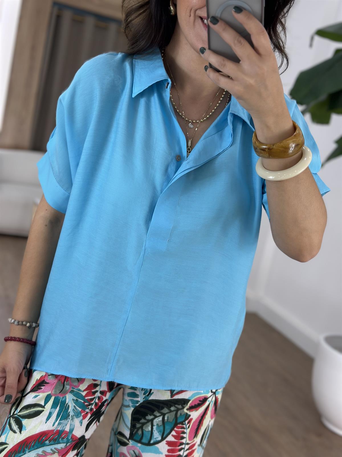 Arkası Düğme Detaylı %100 Modal Gömlek - Turkuaz