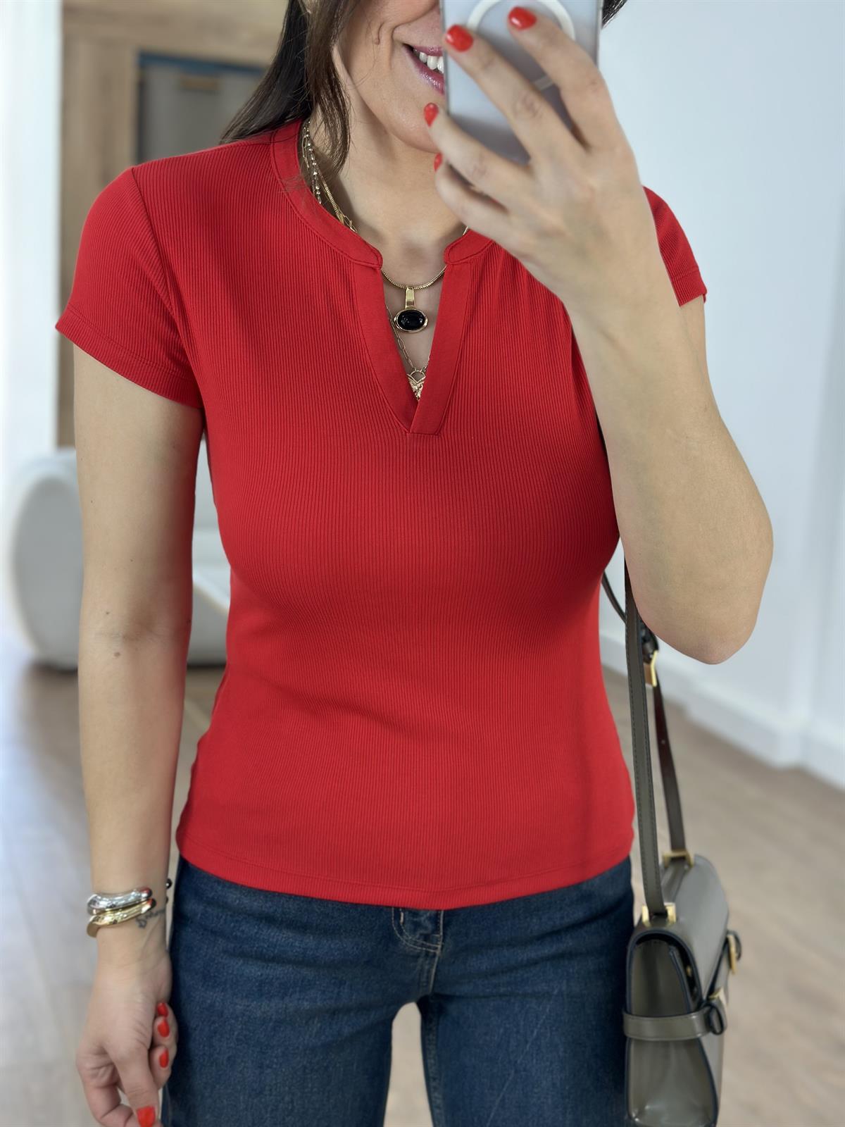 Açık Yaka Bluz - Kırmızı