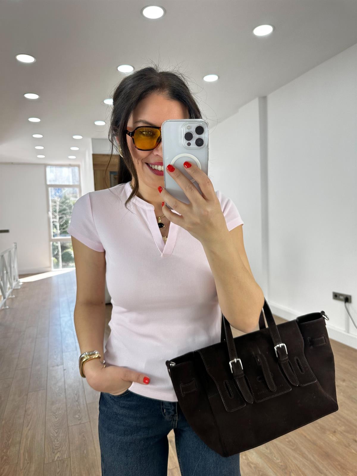 Açık Yaka Bluz - Pembe