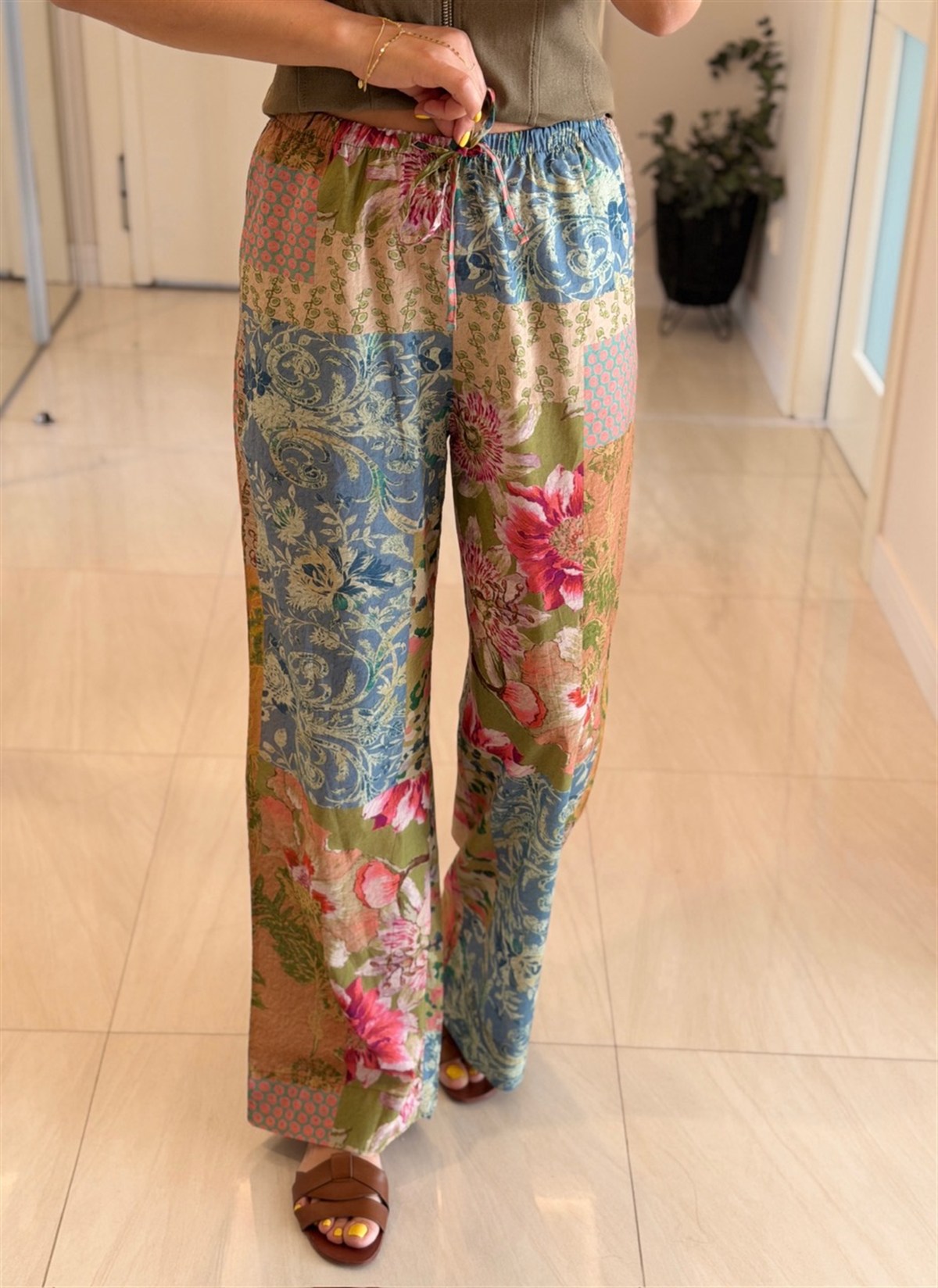 Patchwork Desenli Beli Lastikli Vual Pantolon