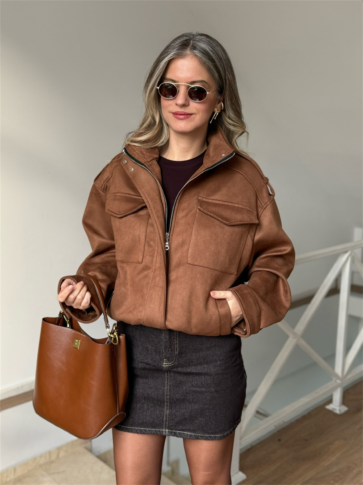 Beli Lastikli Cepli Bomber Süet Ceket - Kahverengi