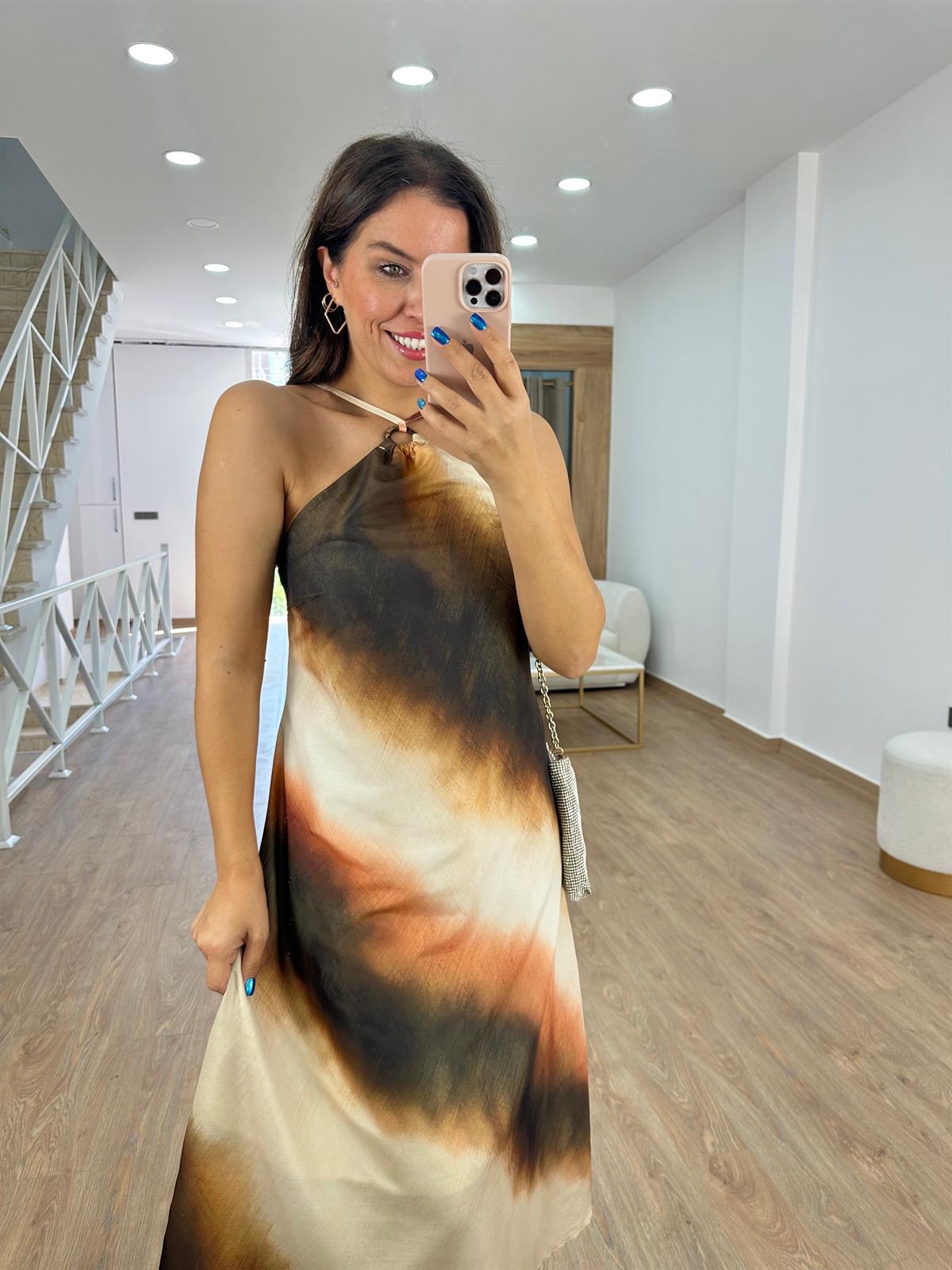 Ahşap Aksesuarlı Renk Geçişli Elbise- Kahve