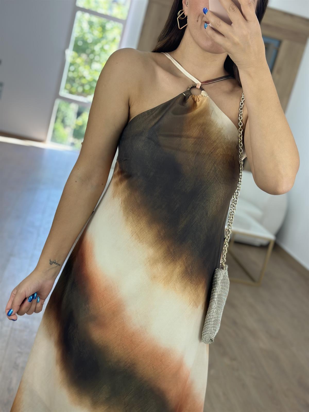 Ahşap Aksesuarlı Renk Geçişli Elbise- Kahve