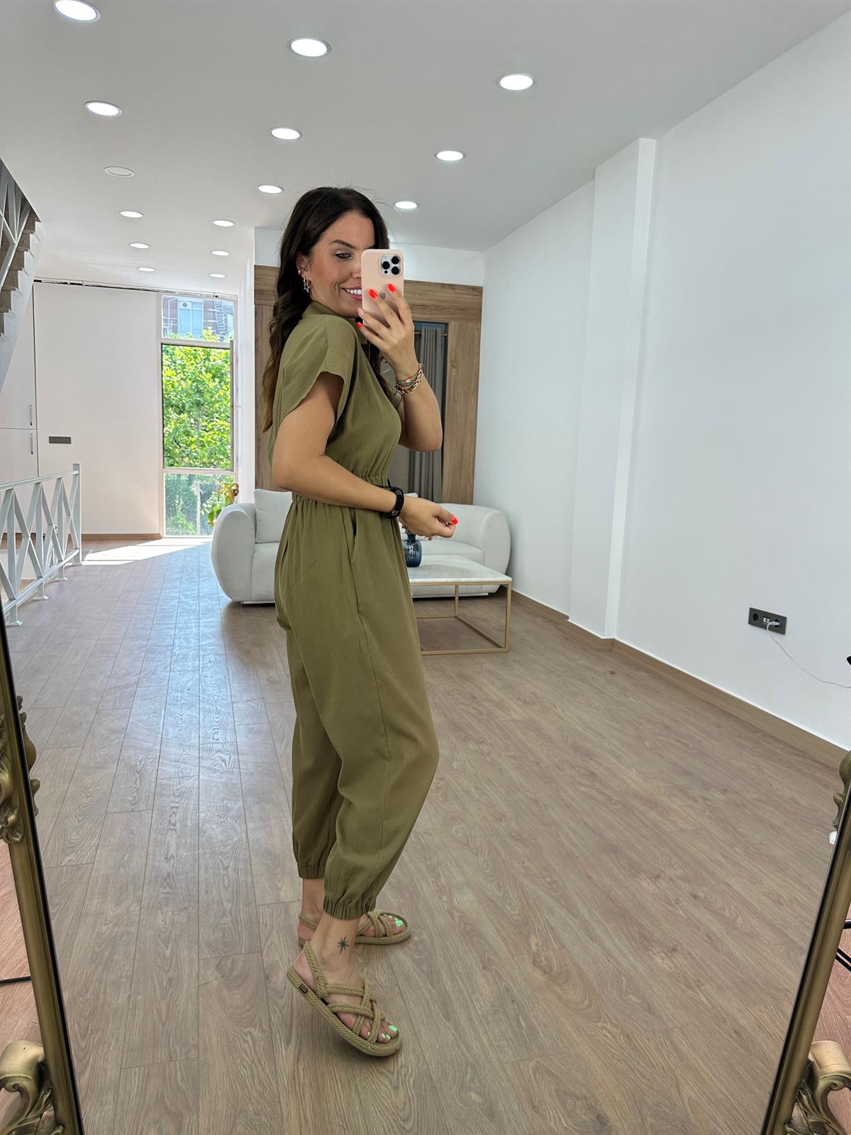 Ahşap Düğmeli Beli Lastikli Tulum-Haki