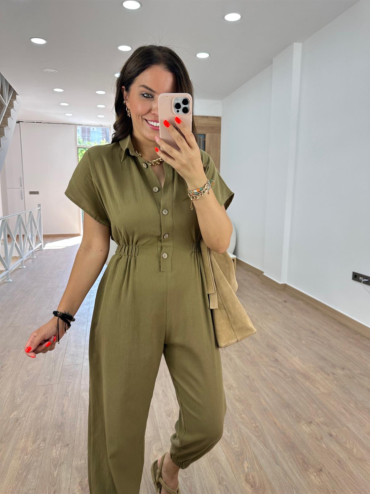 Ahşap Düğmeli Beli Lastikli Tulum-Haki