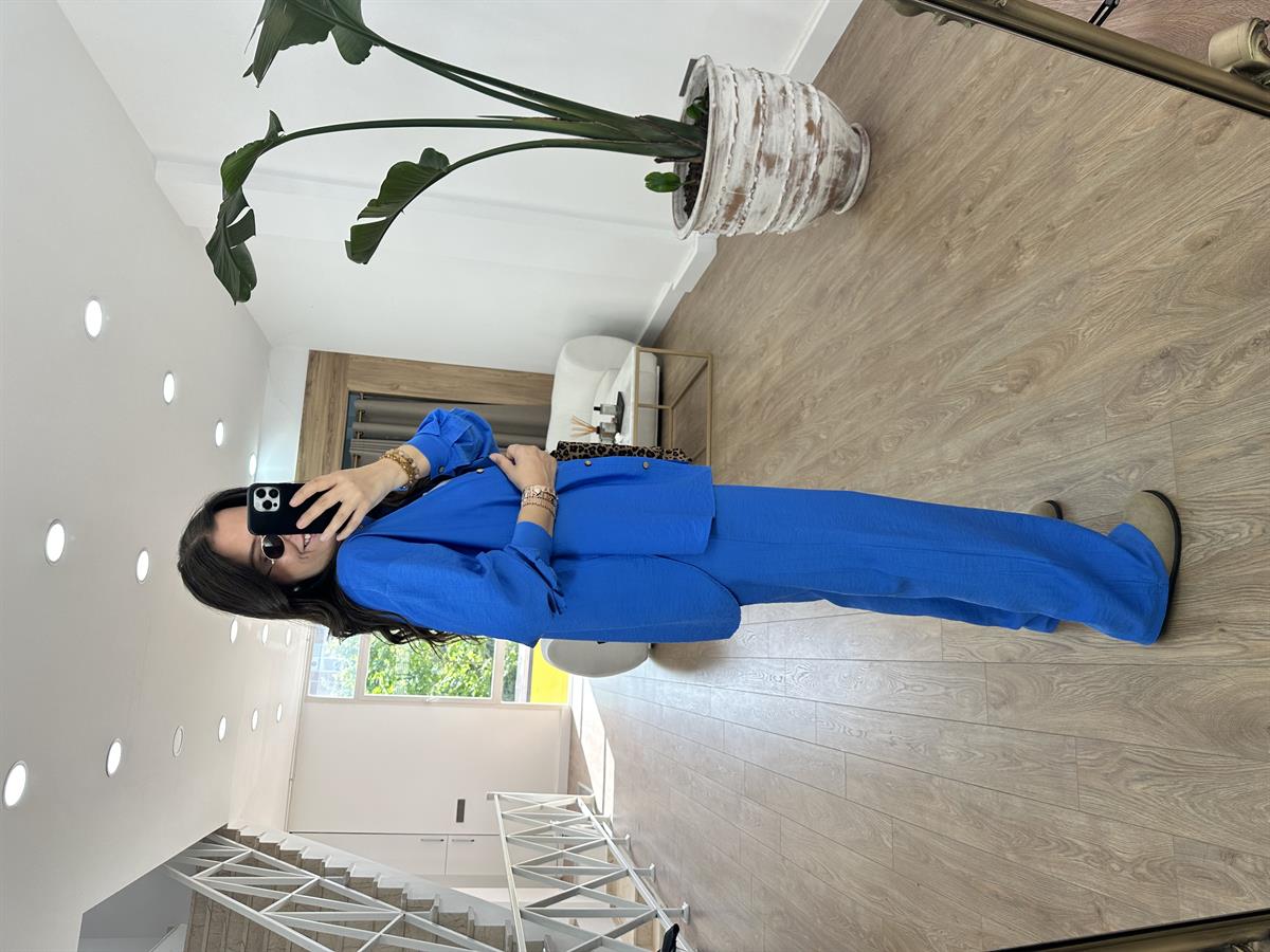 Ahşap Düğmeli Palazzo Pantolonlu Viskon Takım-Mavi