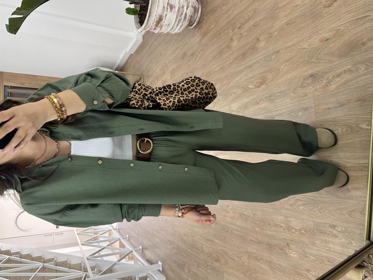 Ahşap Düğmeli Palazzo Pantolonlu Viskon Takım-Haki